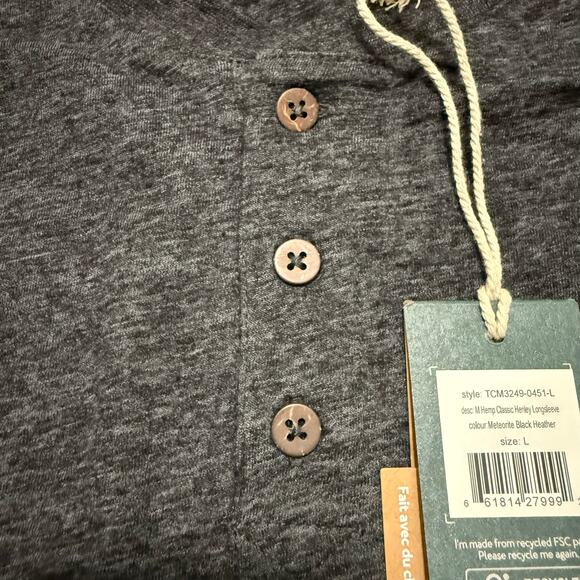 NWT TenTree Hemp Henley Long Sleeve Shirt Men’s Large Meteorite Black Heather - Picture 3 of 6